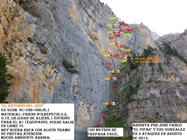 El Retorno del Jedi, ED 350m 6c+ (6b+ obl). Ordesa, pared cóncava.
