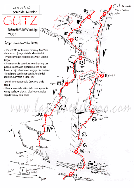 GUTZ 200m 6b/A1 (V+ obl.), Valle de Ansó, Pared del Mirador.