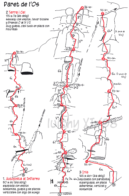 Directa al cilindro (6b), Cachachines (6c) y Autopista al infierno (6c). Sant LLorenç de Montgai