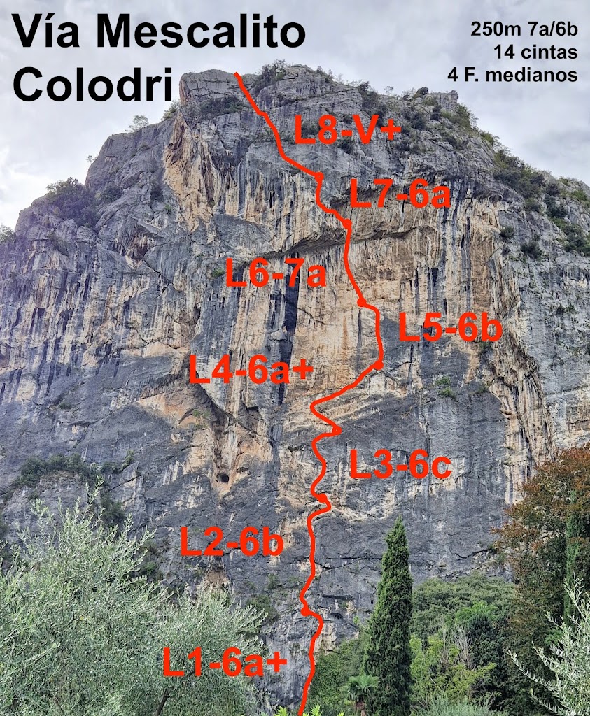 Vía Mescalito al Monte Colodri, Arco. (250m 7a/6b obl.)