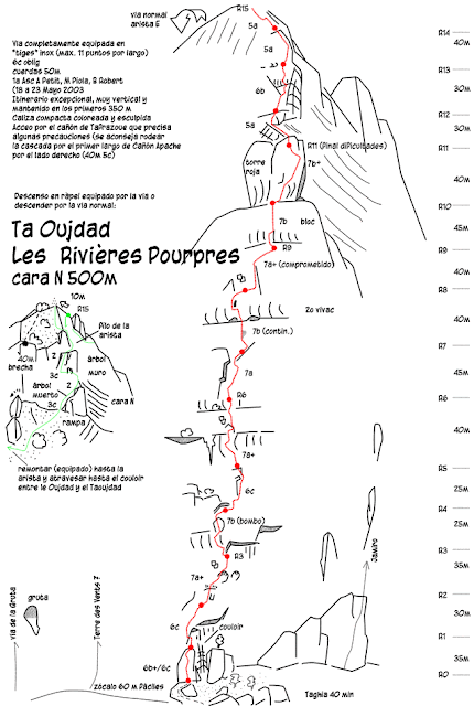 Taghia, Les Rivieres Pourpres 500m 7b+/7a oblig
